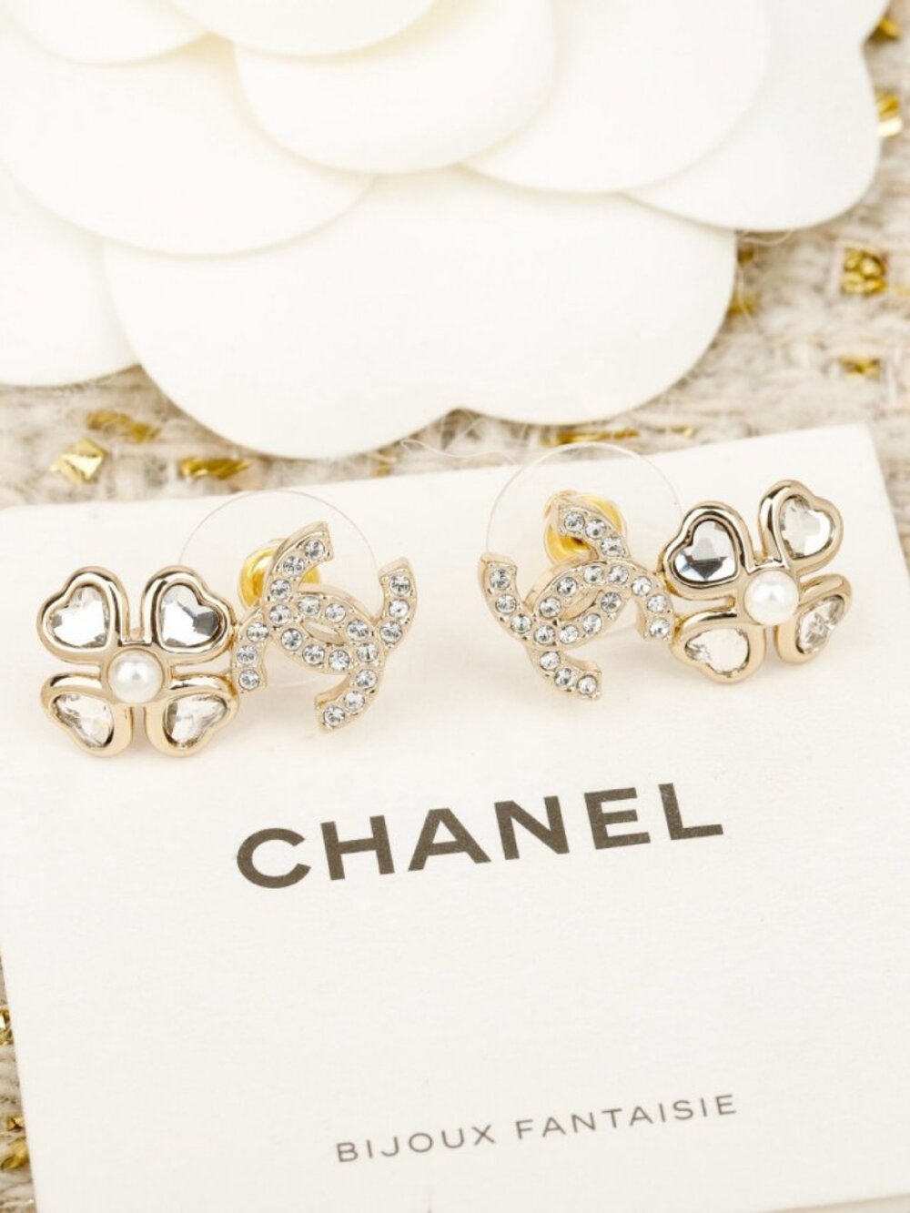 Chanel Gold-Tone Crystal CC Heart Clover Pearl Stud Earrings